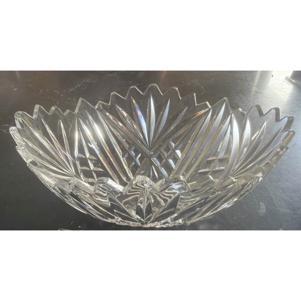 Oval Bowl Candy Dish Crystal Glass Diamond Cut Saw-Tooth Scalloped Edge Decor